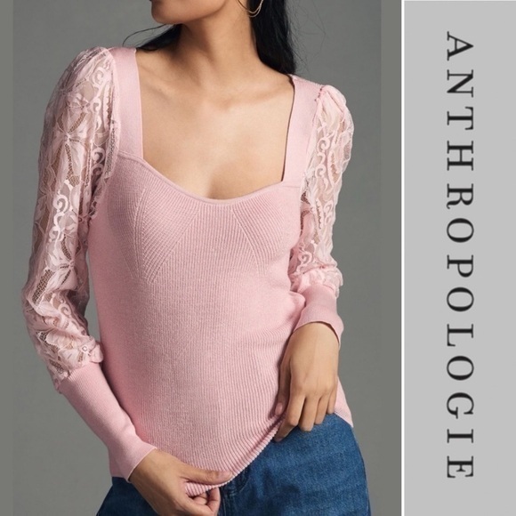 Anthropologie Sweaters - Anthropologie Sweater Lace Sleeve Ribbed Sweetheart Neck in Ballet Pink